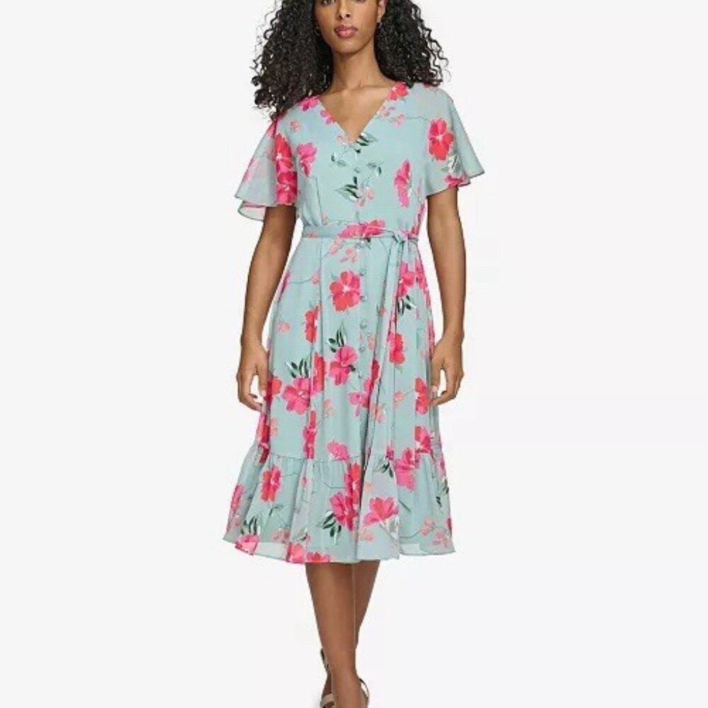 New Calvin Klein Women Size 6 Green Floral Flutter-Sleeve Button-Front Dress